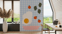 Brunch wall mural fitted in breakfast nook with fried egg and tomato motifs