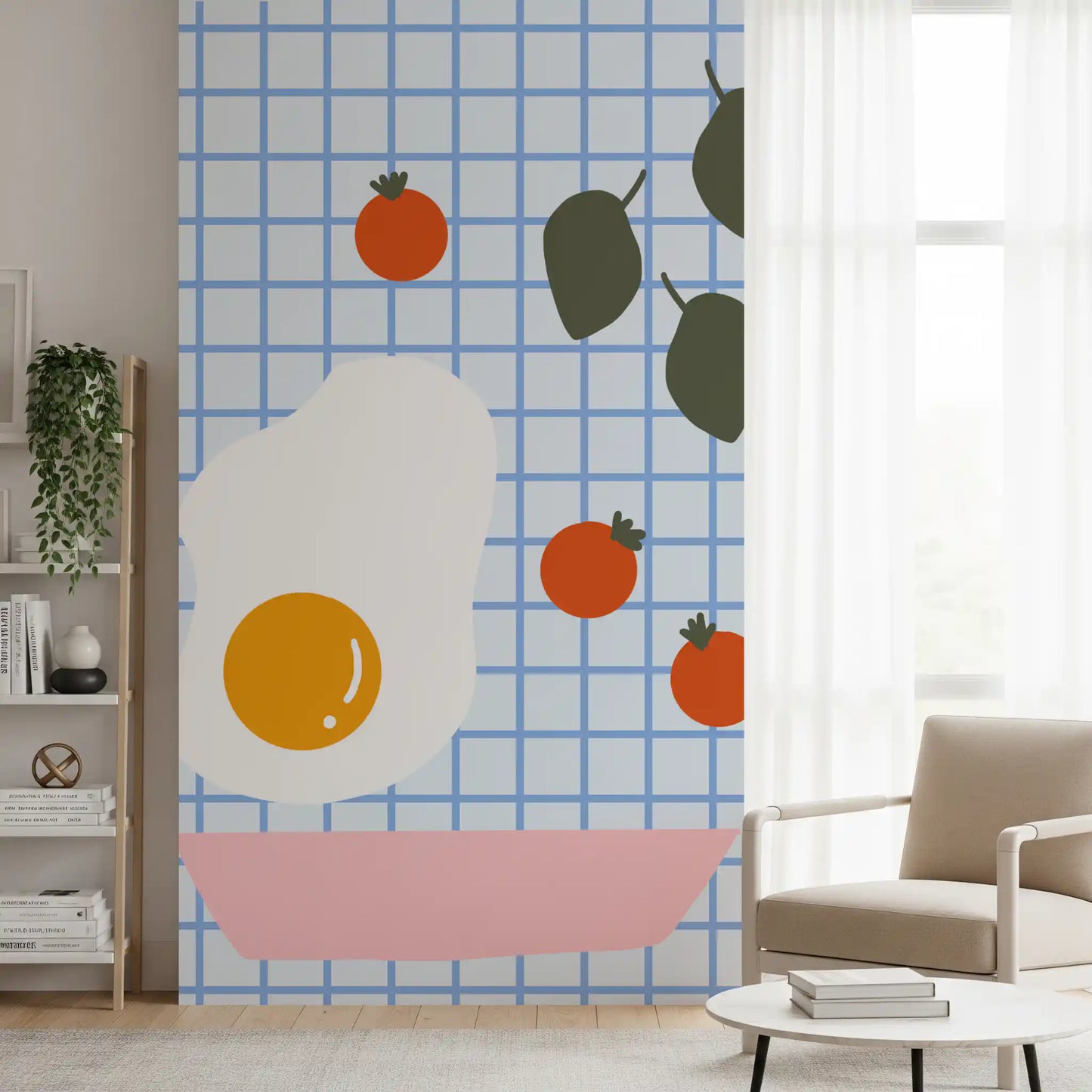Brunch mural styled for cafe wall featuring illustrated food art on blue grid.