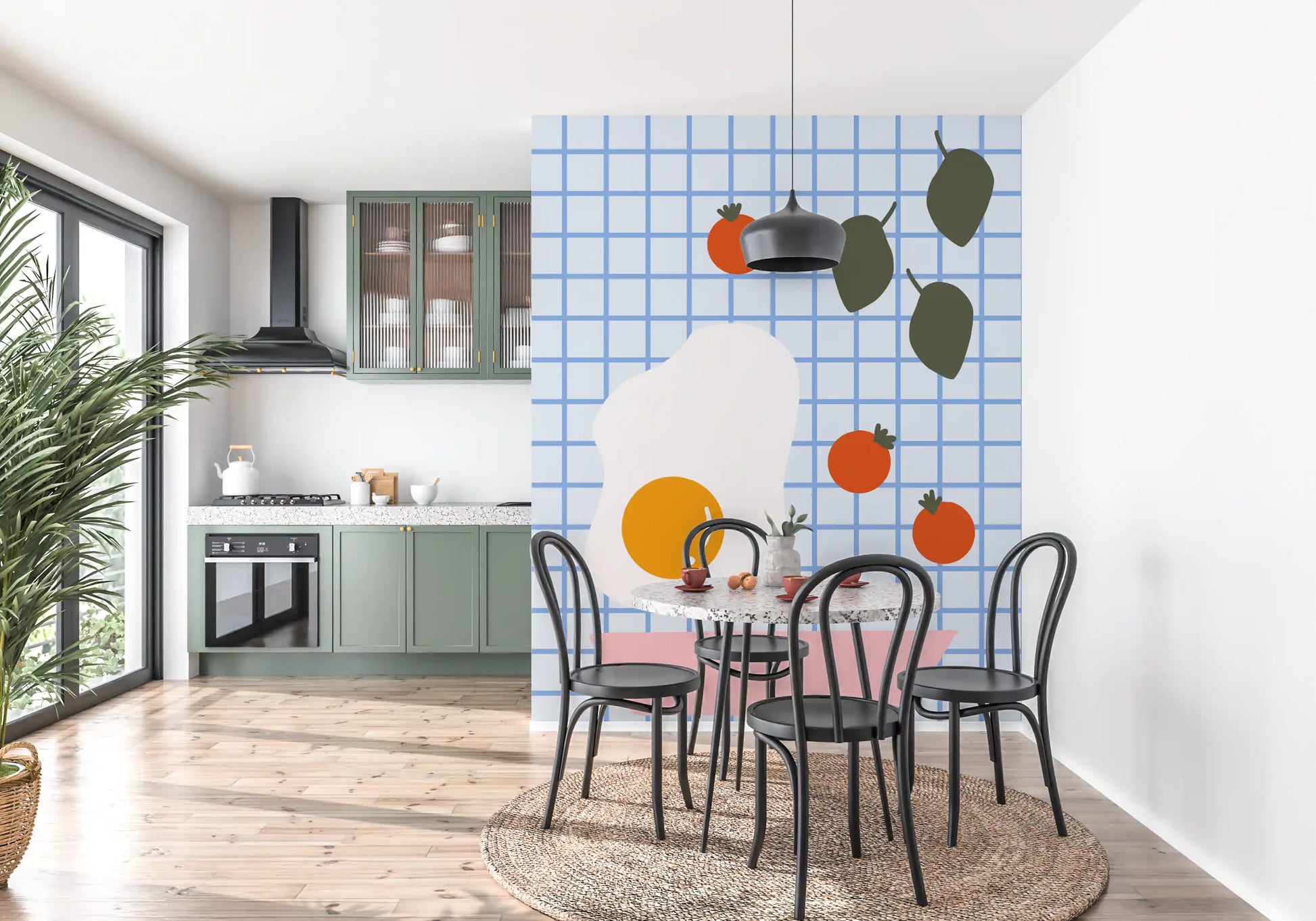 Playful brunch wall mural installed in dining room with bright food illustrations