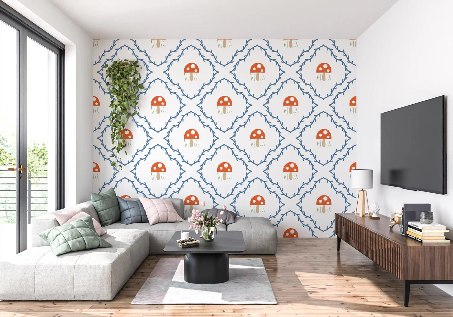 Modern living area with blue trellis and red toadstool wallpaper design