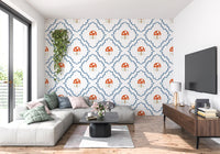 Modern living area with blue trellis and red toadstool wallpaper design