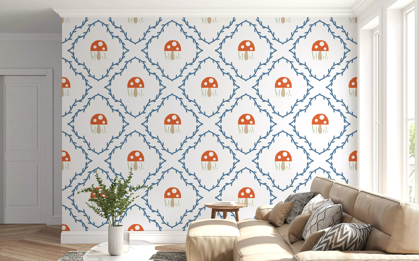Living room wallpaper with whimsical mushroom and vine repeat pattern.
