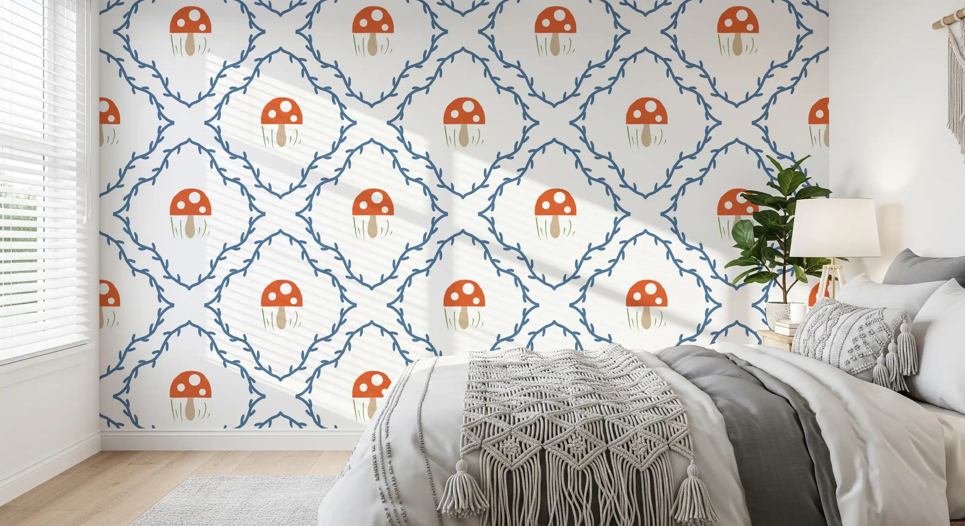 Whimsical mushroom motif framed wallpaper with blue vine diamonds in repeat pattern. 