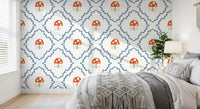 Whimsical mushroom motif framed wallpaper with blue vine diamonds in repeat pattern. 