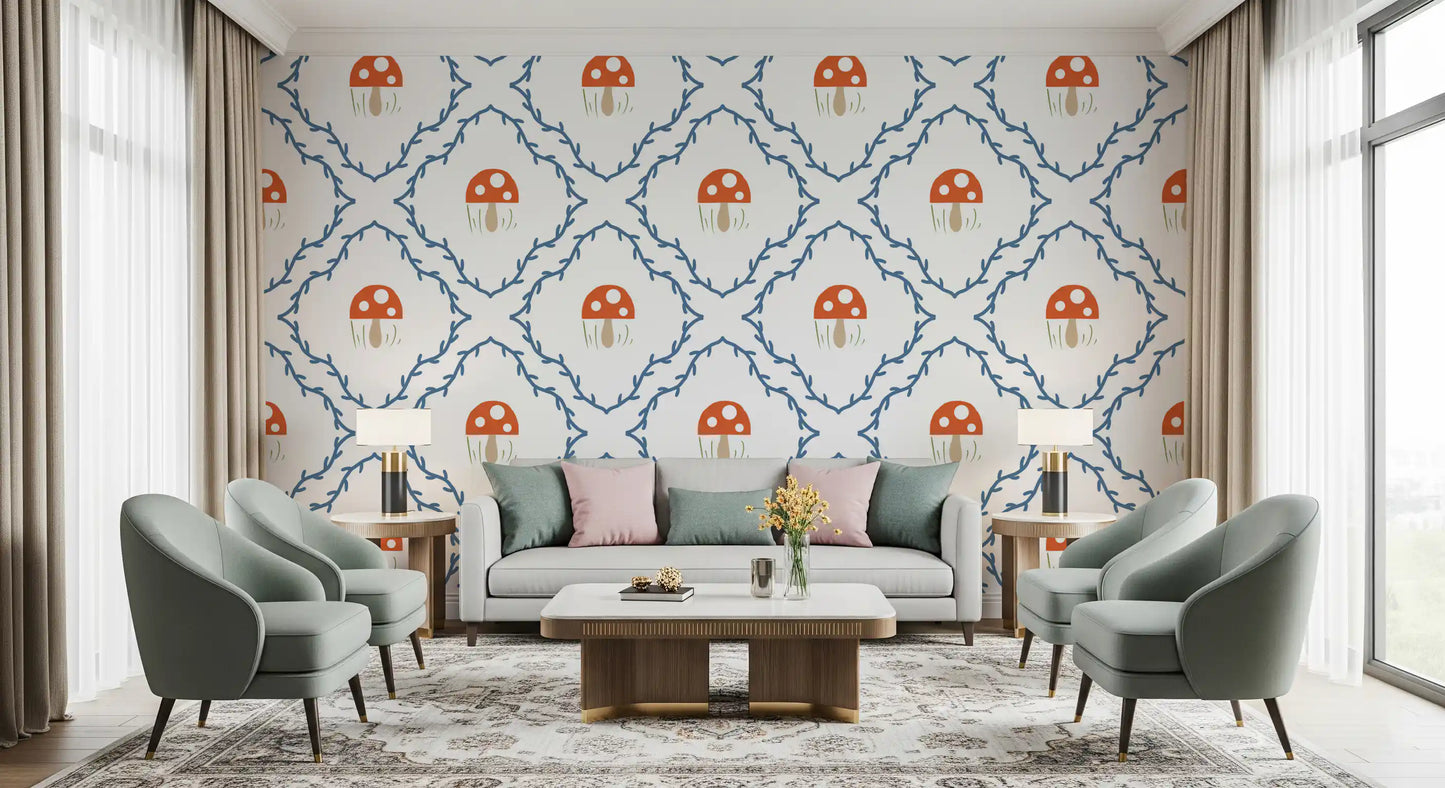 Blue line-art vine wallpaper with small red toadstool mushrooms in repeat layout 