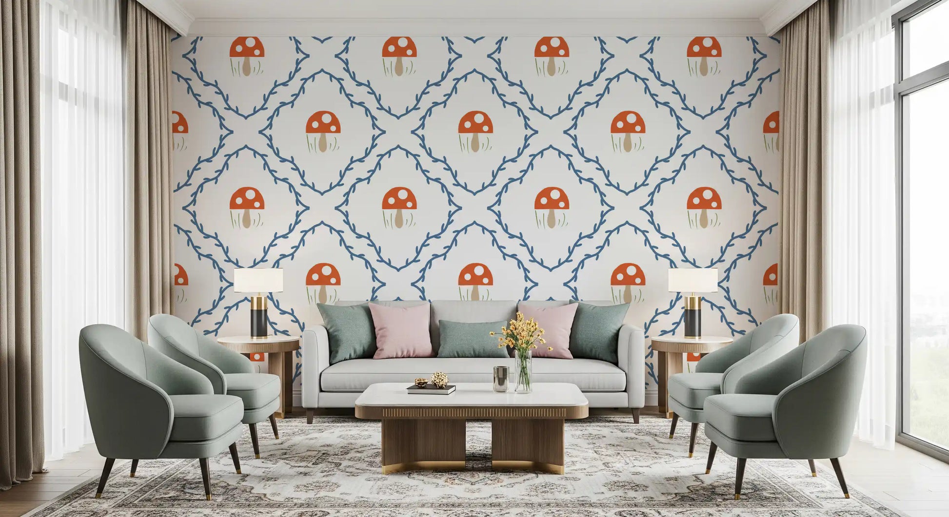 Blue line-art vine wallpaper with small red toadstool mushrooms in repeat layout 
