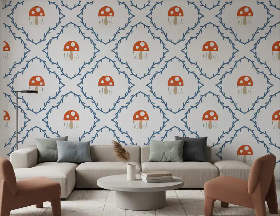 Living room with whimsical mushroom pattern wallpaper on feature wall, GD10064