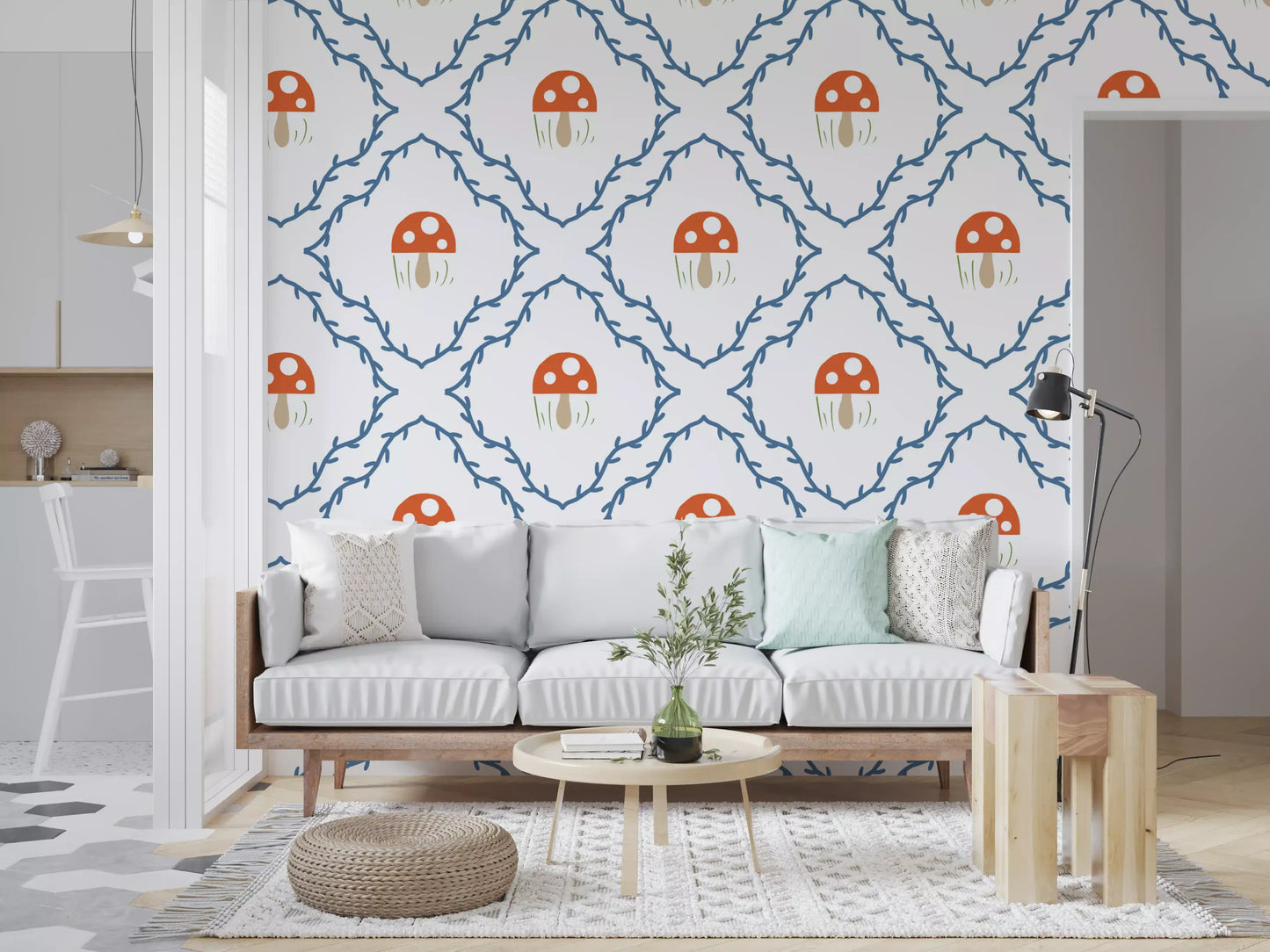 Hallway feature wall in fairy tale mushroom and vine pattern wallpaper.