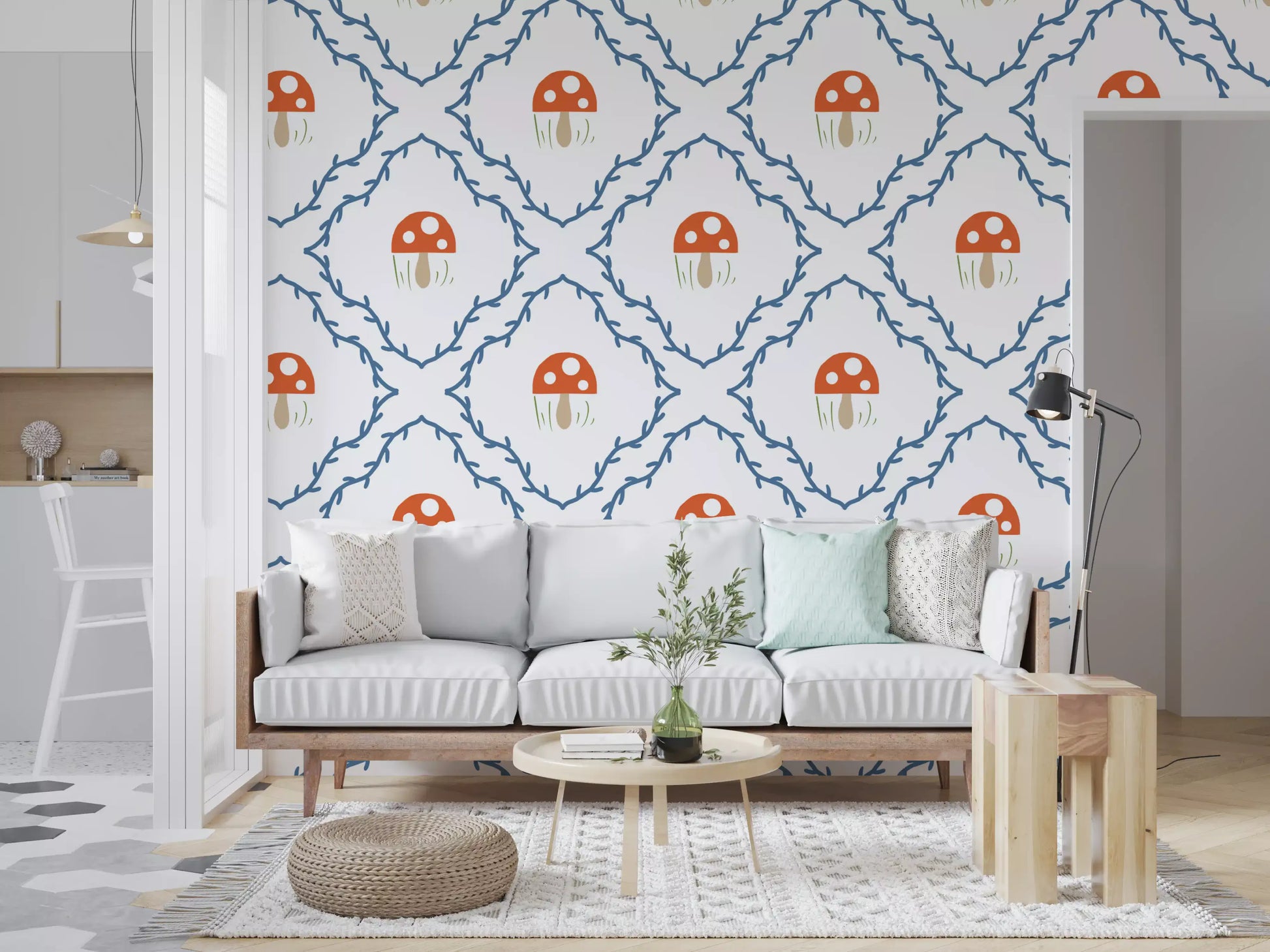 Hallway feature wall in fairy tale mushroom and vine pattern wallpaper.