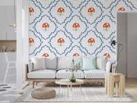 Hallway feature wall in fairy tale mushroom and vine pattern wallpaper.