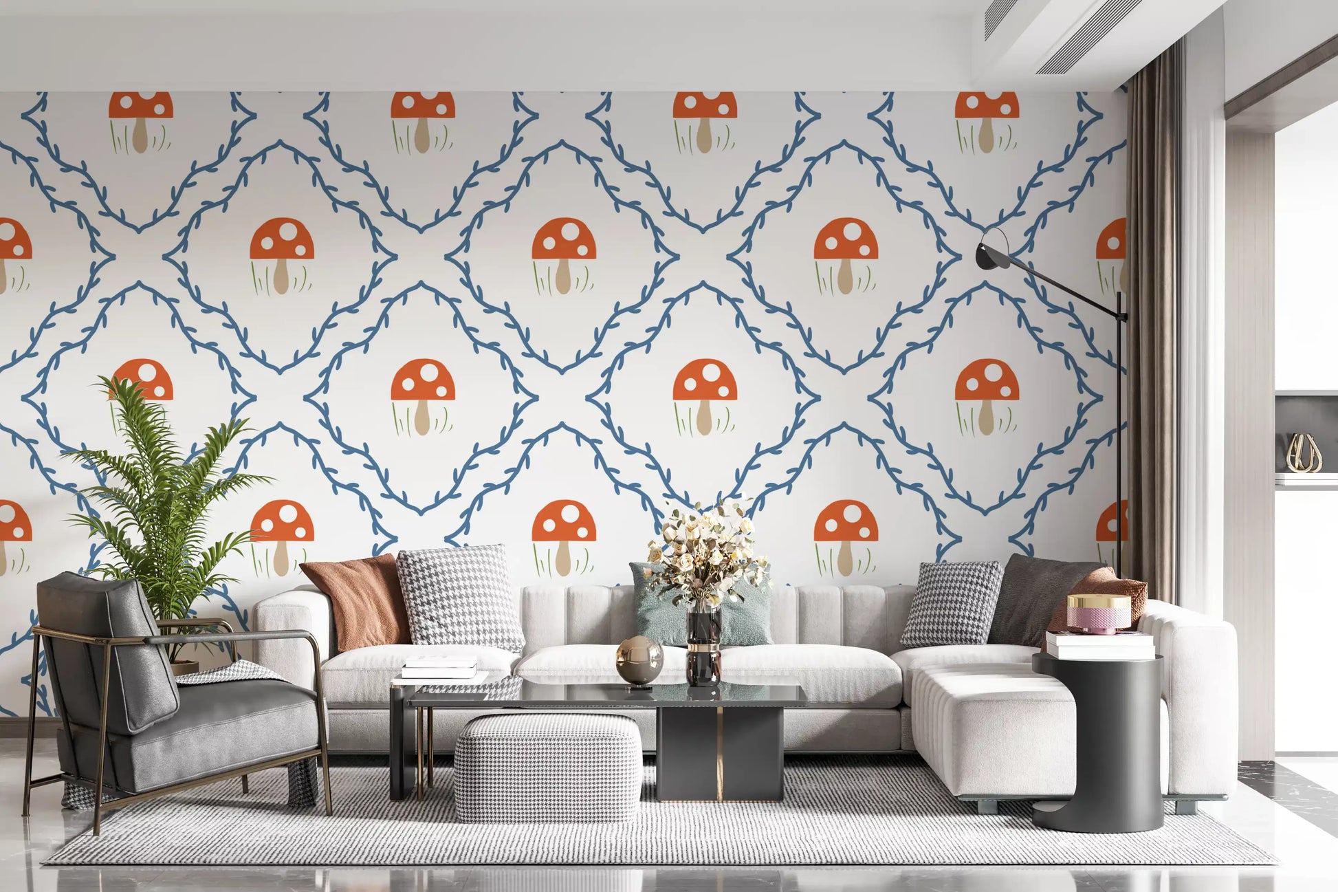 Mushroom and vine wallpaper with blue trellis, red caps, beige stems and white background