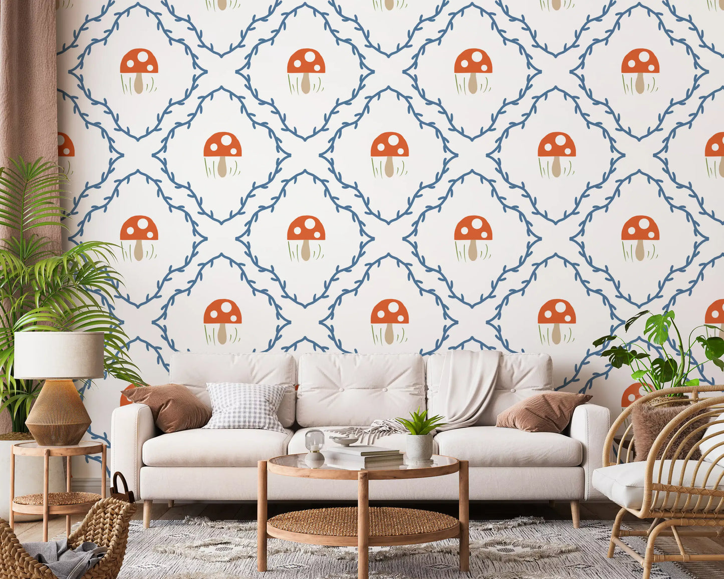 Whimsical mushroom and vine pattern wallpaper in bright living room.