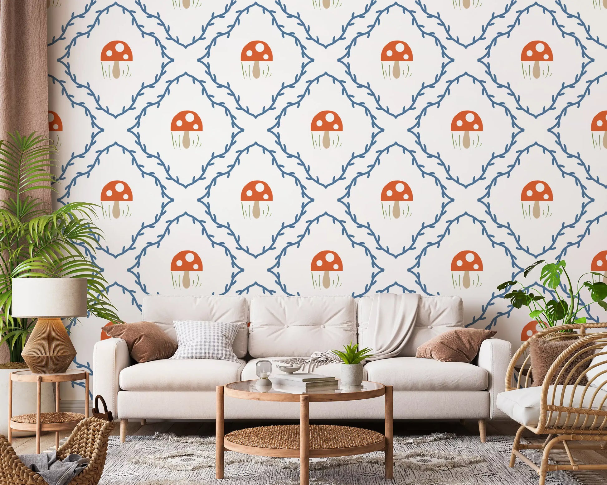 Whimsical mushroom and vine pattern wallpaper in bright living room.