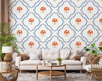 Whimsical mushroom and vine pattern wallpaper in bright living room.