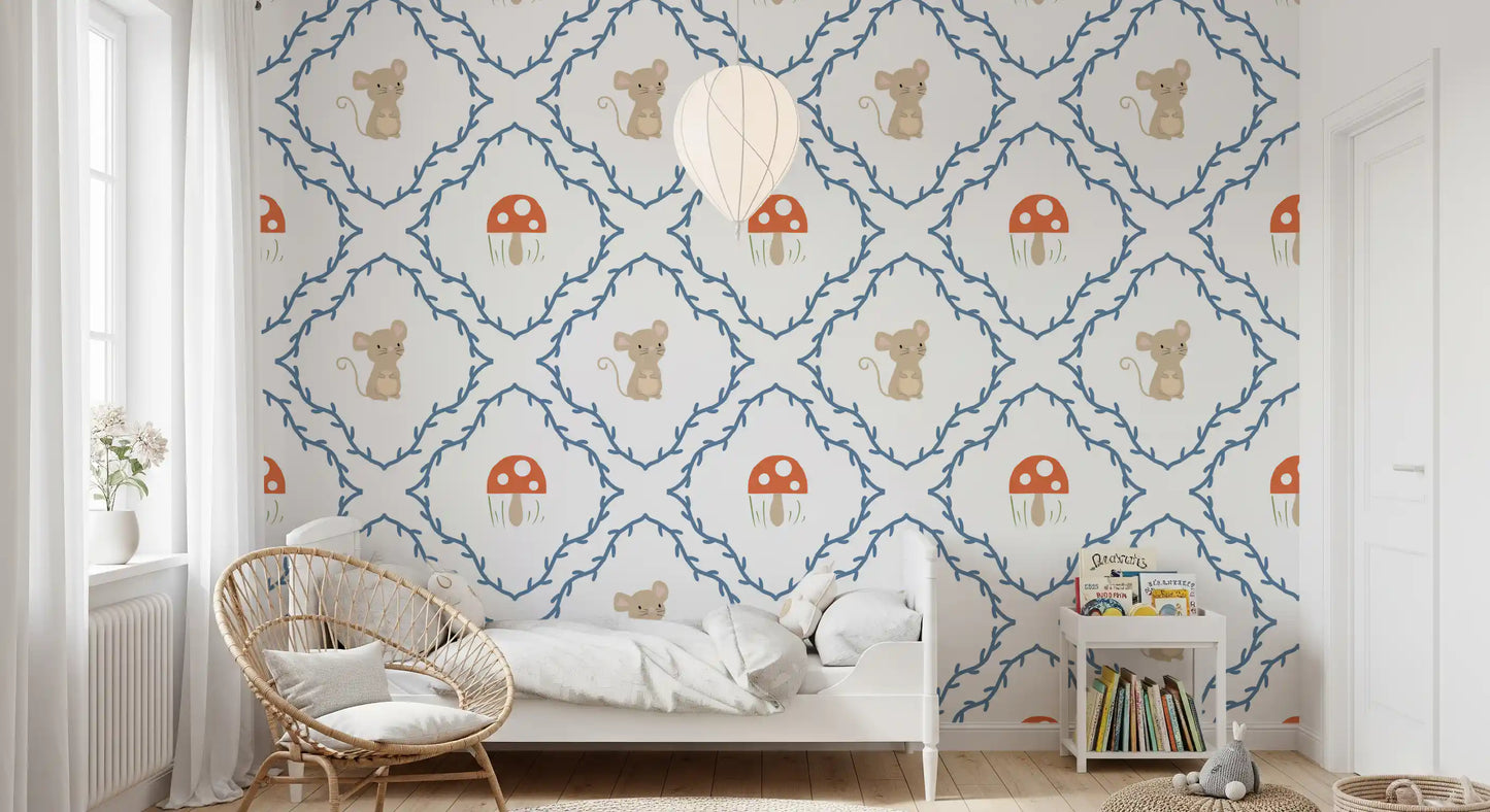 Whimsical woodland mouse wallpaper pattern with a beige mouse inside a blue leafy diamond frame., GD10065