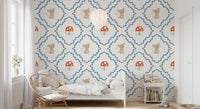 Whimsical woodland mouse wallpaper pattern with a beige mouse inside a blue leafy diamond frame., GD10065