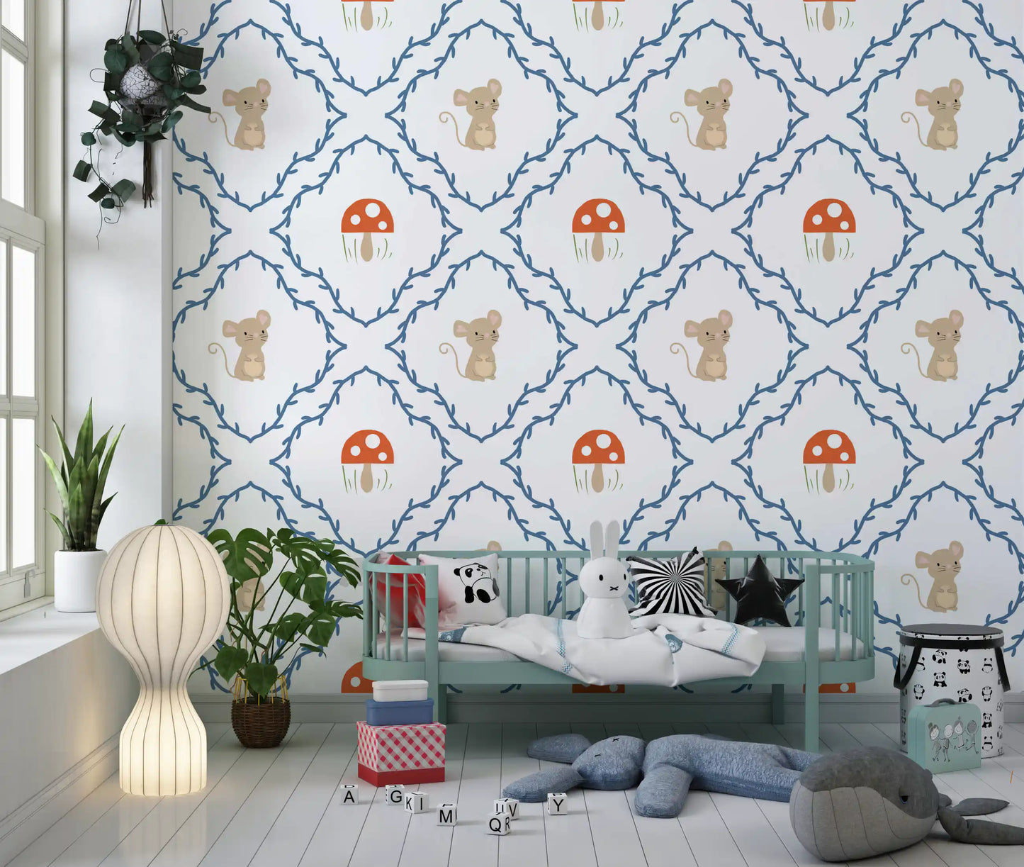 Toddler room finished with woodland mouse wallpaper on a feature wall., GD10065
