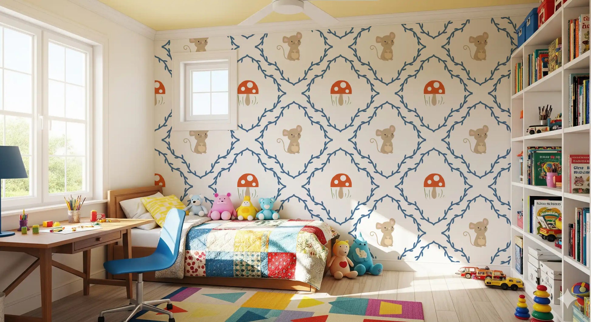 Child's bedroom wall with whimsical woodland mouse wallpaper in storybook style, GD10065