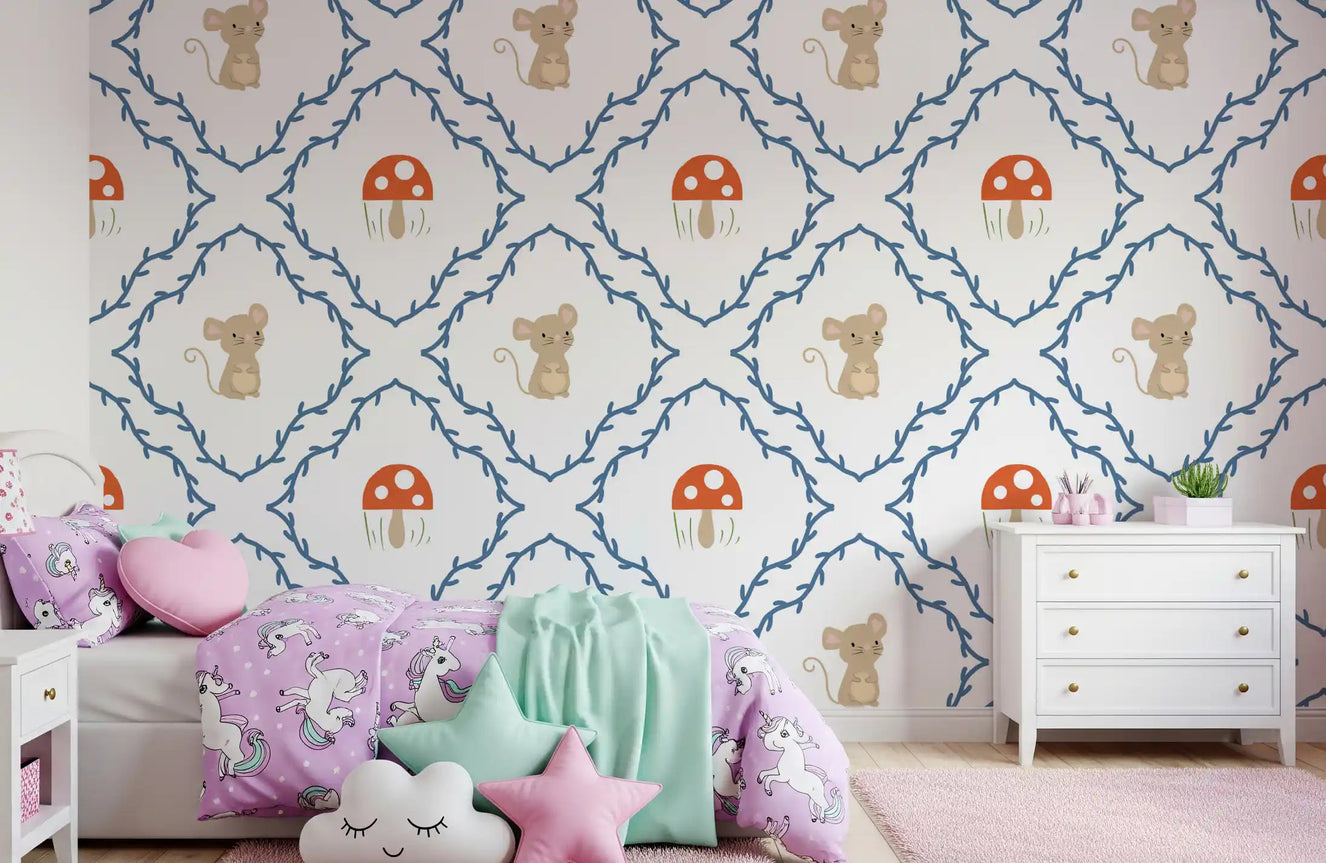 Kids bedroom styled with whimsical woodland mouse and mushroom wallpaper pattern.