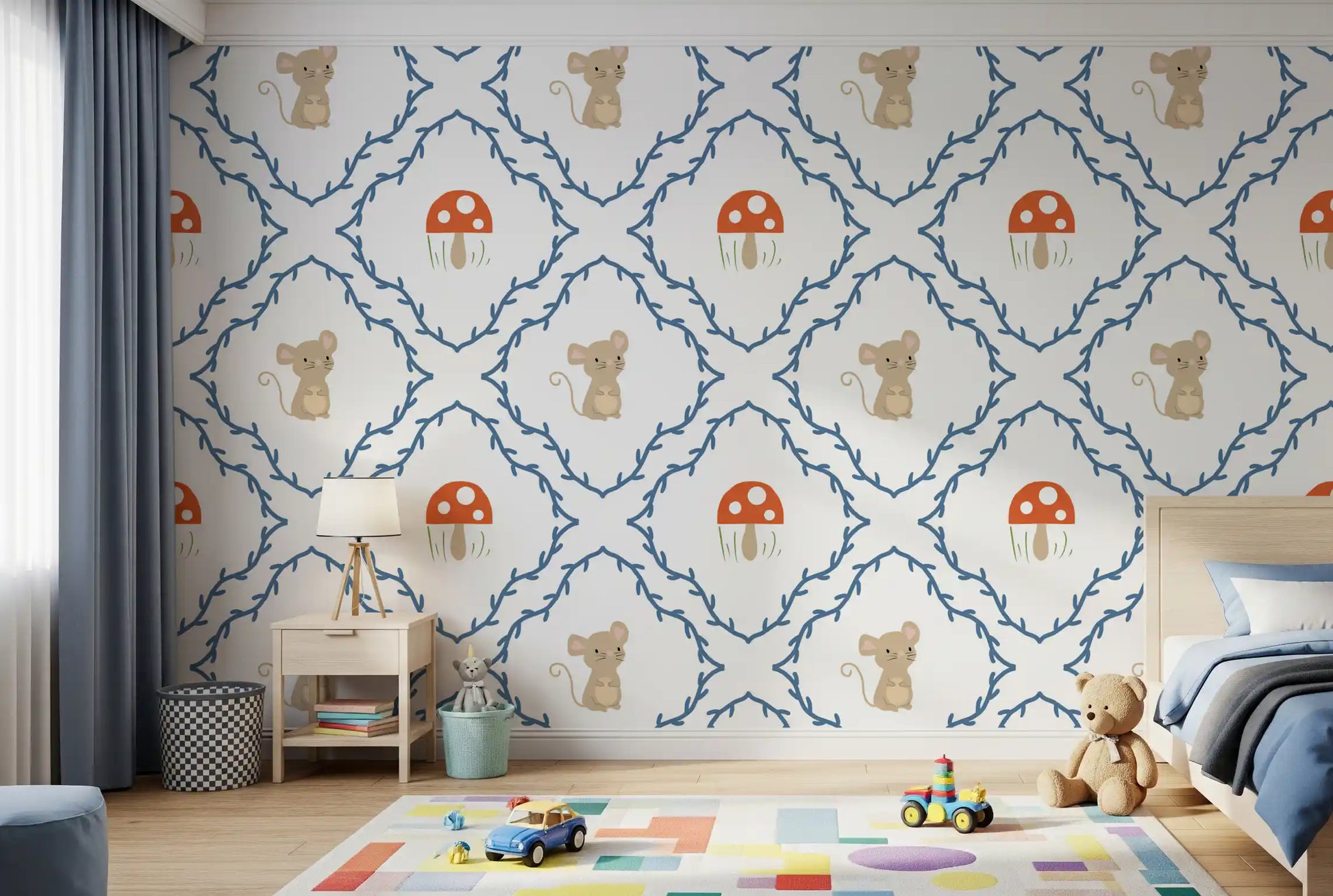 Storybook woodland mouse wallpaper with red and white toadstool mushrooms in each corner repeat., GD10065