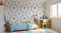 Woodland mouse wallpaper repeat pattern on a white background with small mouse and mushroom motifs., GD10065