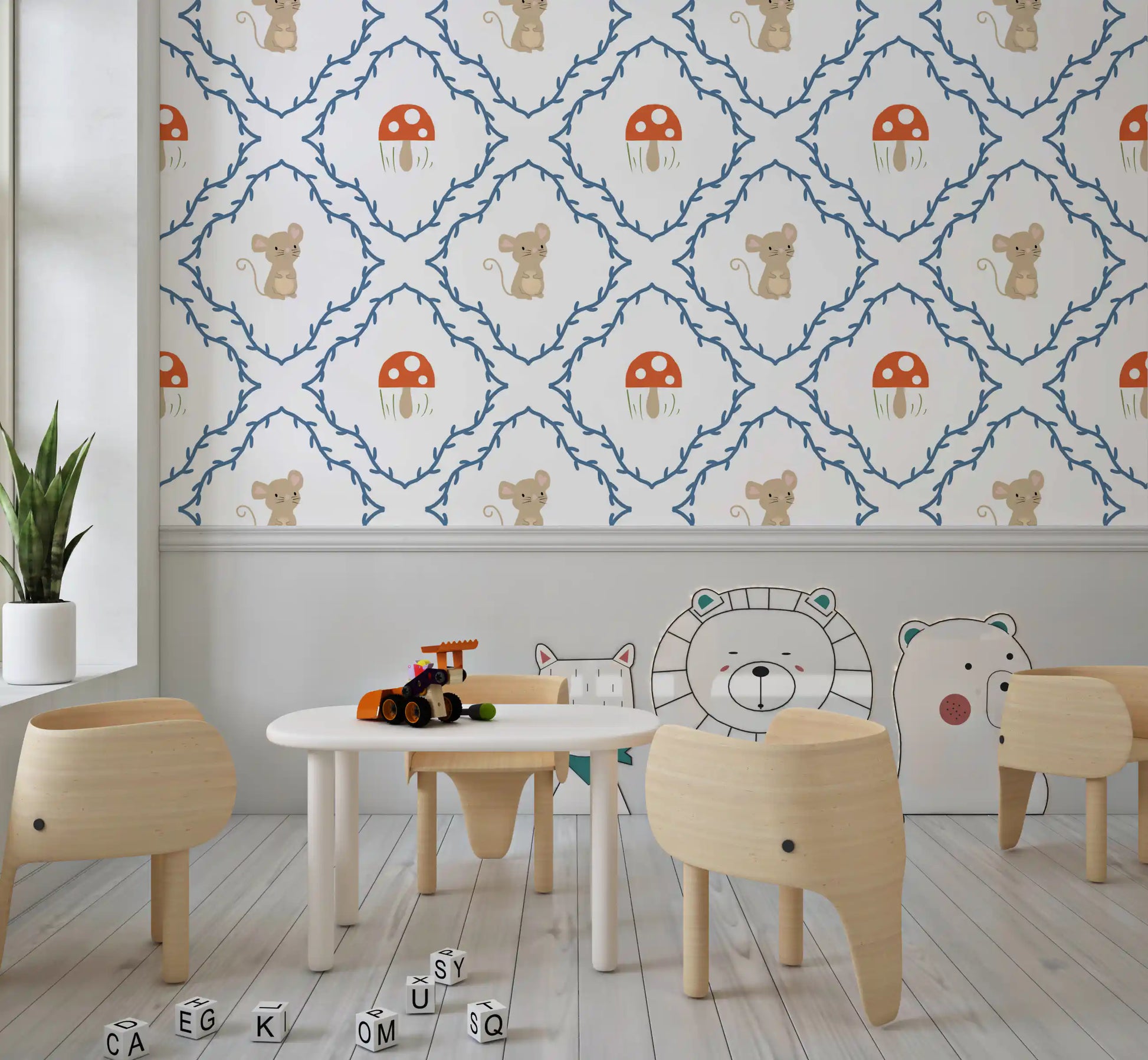 Children's play corner wall covered in woodland mouse wallpaper design., GD10065