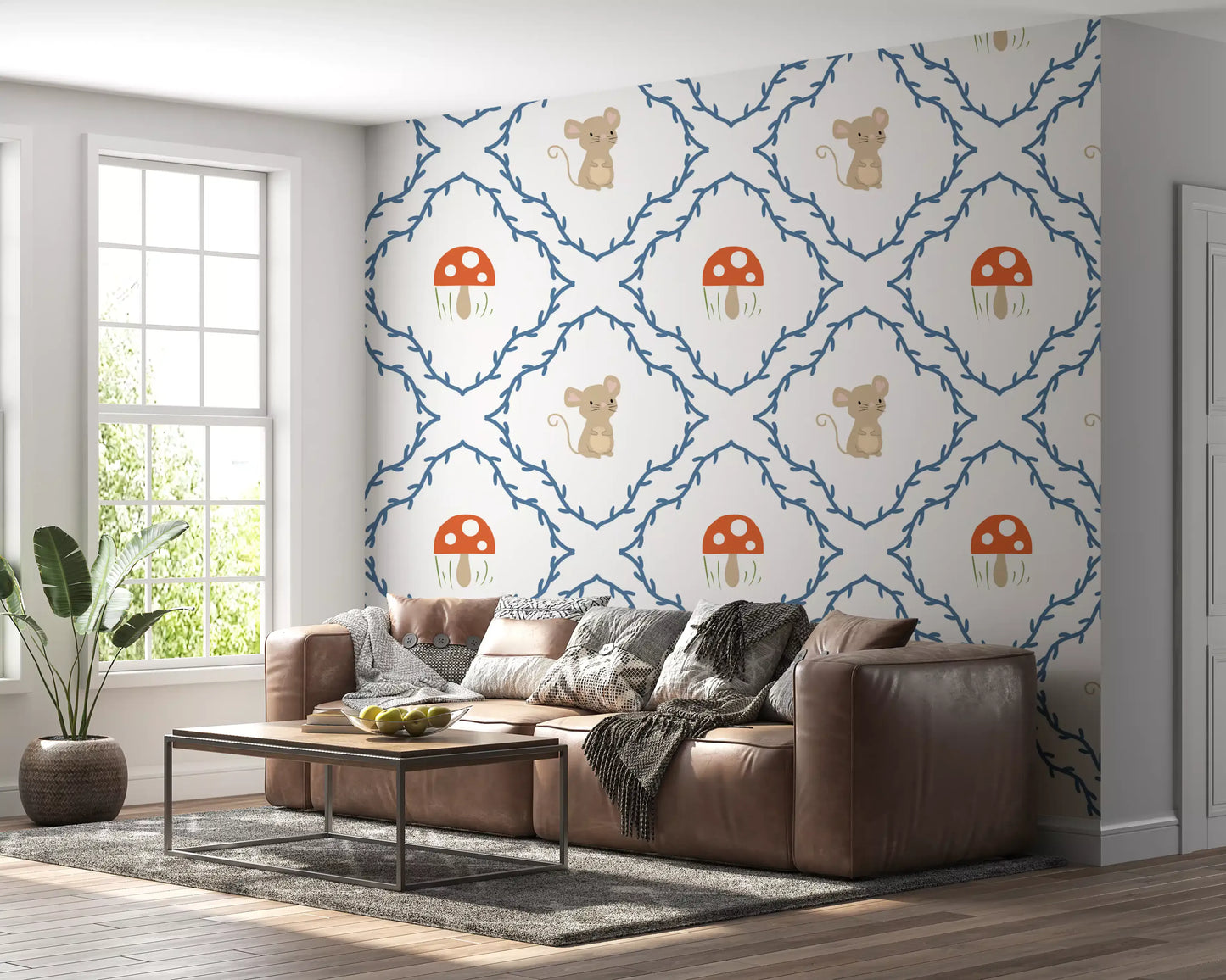 Blue leafy vine diamond frame around a tiny beige mouse on a whimsical kids wallpaper design., GD10065