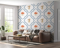 Blue leafy vine diamond frame around a tiny beige mouse on a whimsical kids wallpaper design., GD10065