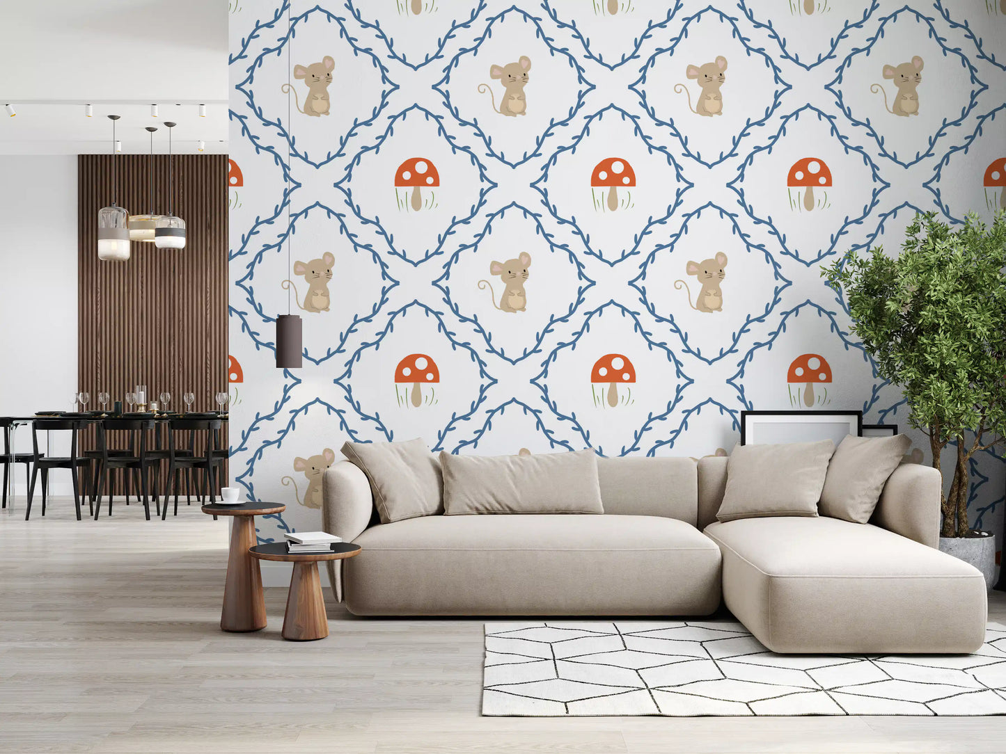 Living room wall covered in whimsical woodland mouse wallpaper in soft blue and beige tones, GD10065