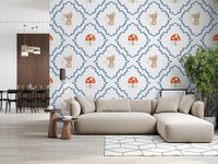 Living room wall covered in whimsical woodland mouse wallpaper in soft blue and beige tones, GD10065