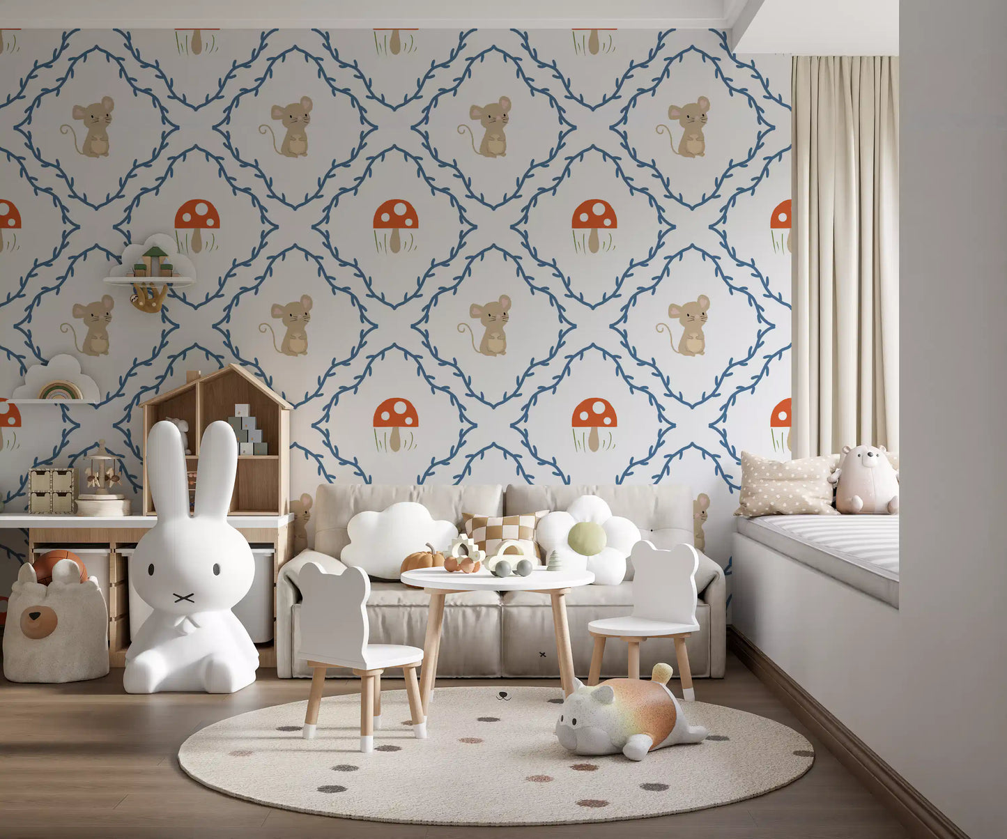 Woodland mouse wallpaper showing red toadstool mushrooms with white spots and blue vines, GD10065