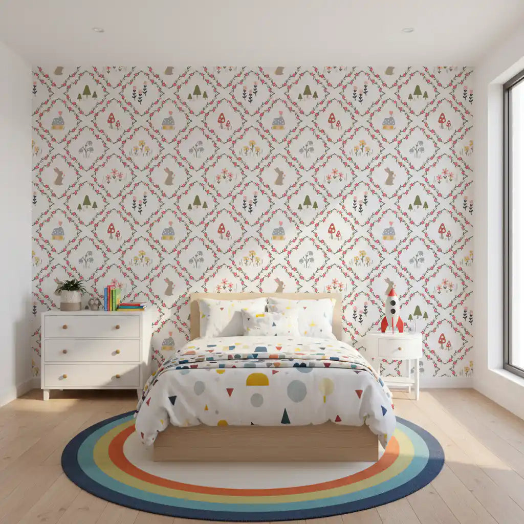 Child's bedroom feature wall with whimsical woodland storybook pattern wallpaper.