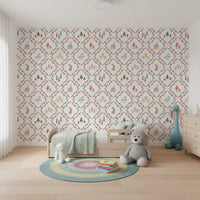 Toddler room wallpaper covering featuring coral floral diamonds on a white background.