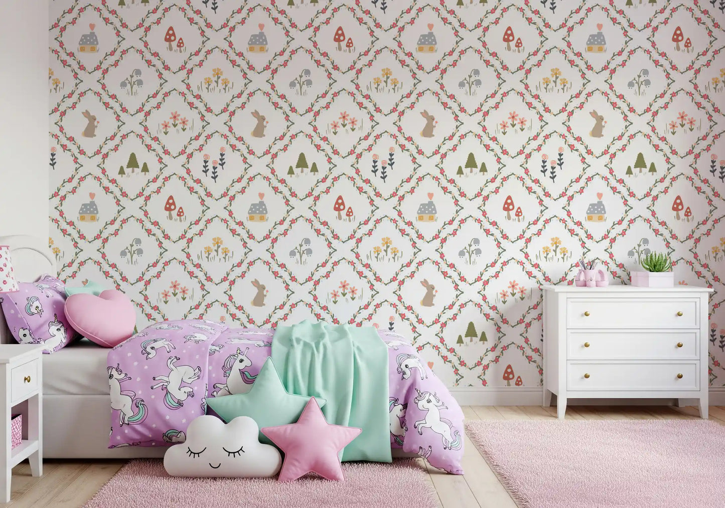 Whimsical woodland diamond wallpaper with bunny rabbit and pine tree motifs.