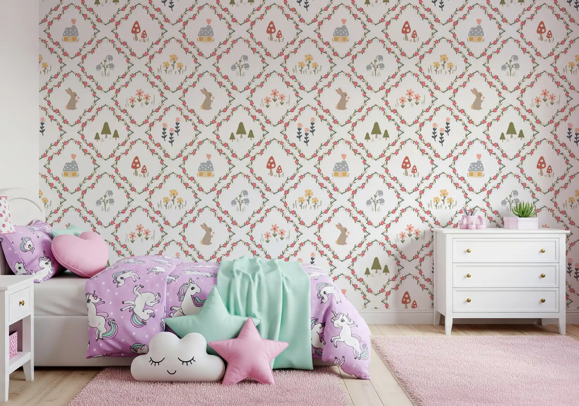 Whimsical woodland diamond wallpaper with bunny rabbit and pine tree motifs.