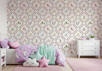 Whimsical woodland diamond wallpaper with bunny rabbit and pine tree motifs.