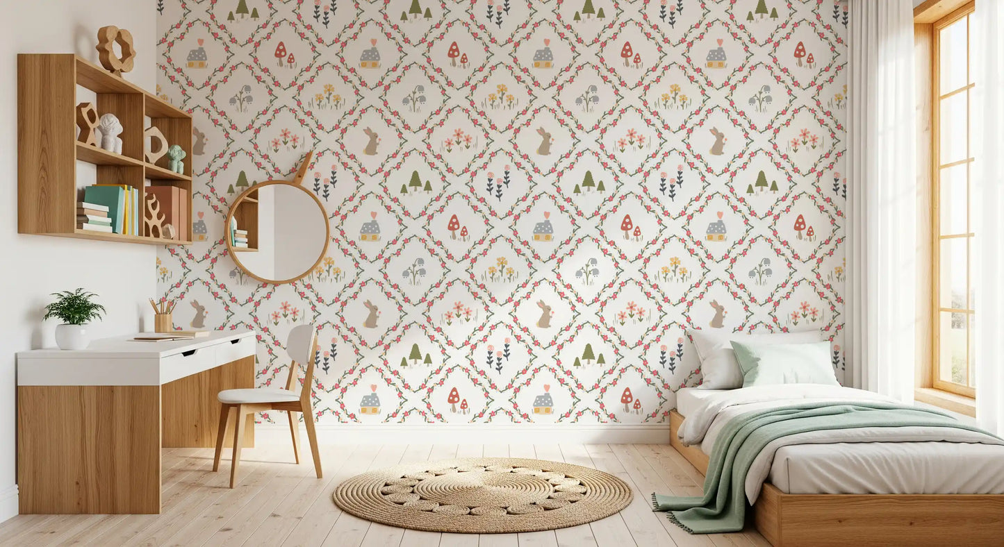 Coral flower diamond lattice pattern wallpaper with cottage and mushroom illustrations. 