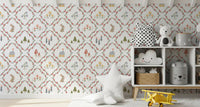Kids playroom wallpaper showing pine trees, mushrooms, and tiny flowers.