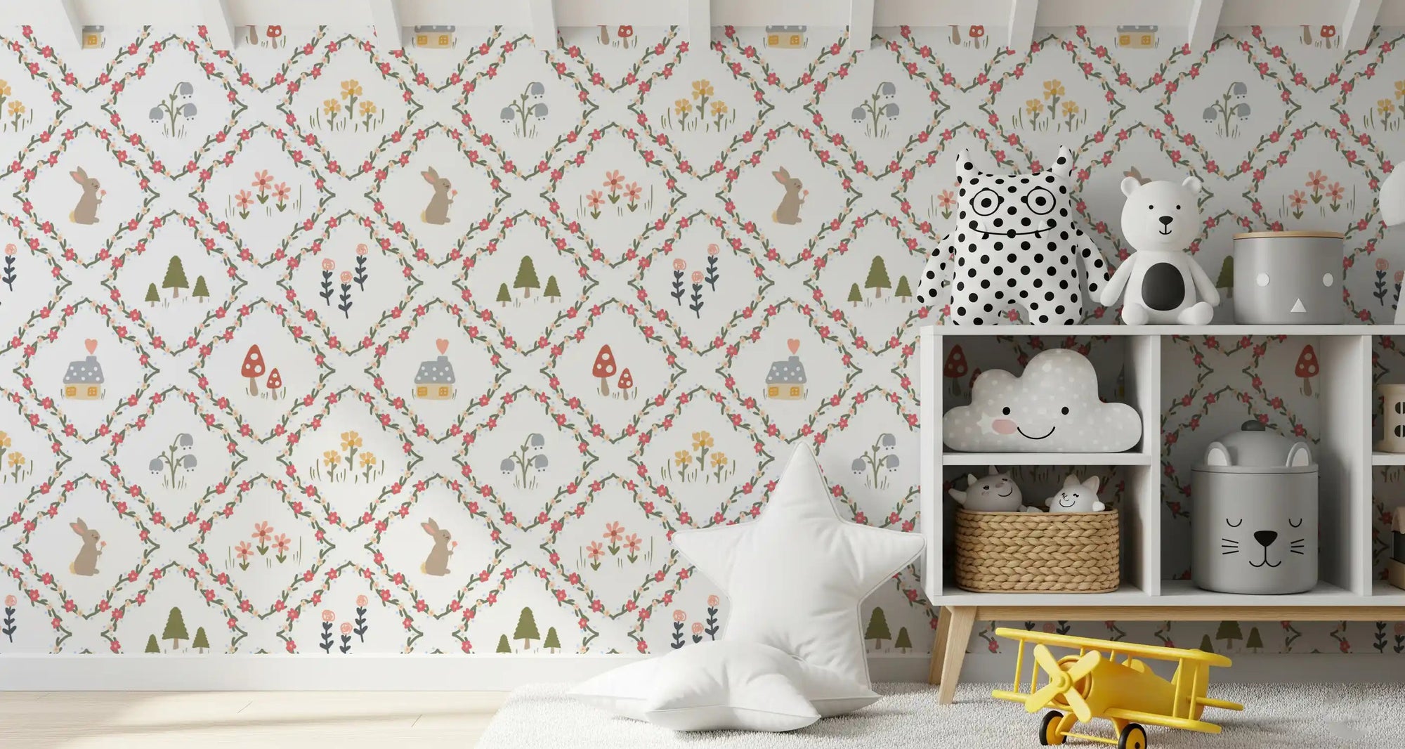 Kids playroom wallpaper showing pine trees, mushrooms, and tiny flowers., GD10066
