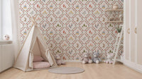 Bluebell, cottage, and yellow flower details inside floral diamond frames wallpaper.