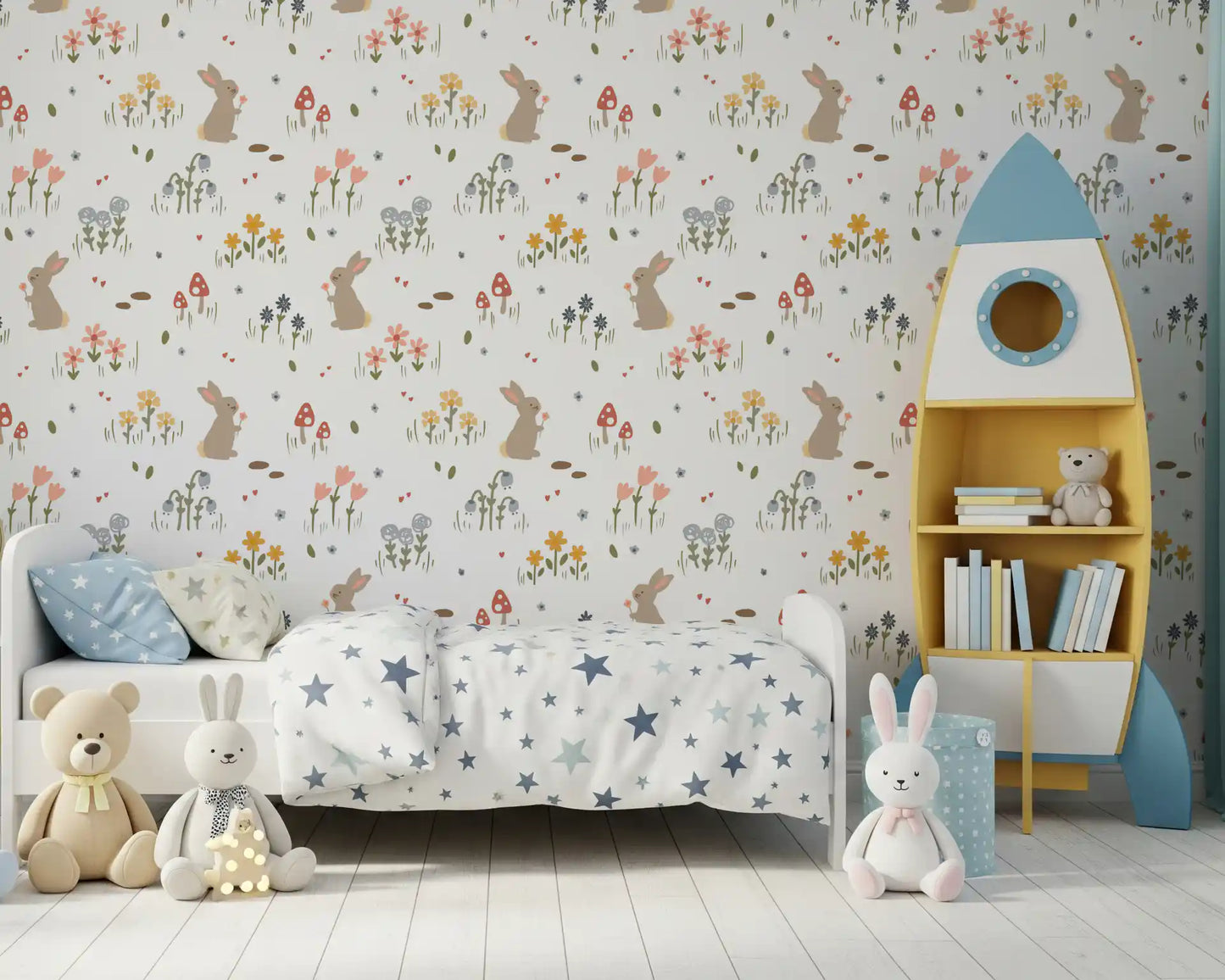 Sweet Meadow Bunnies wallpaper with beige rabbits and pastel flowers on a white background., GD10071