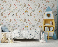 Sweet Meadow Bunnies wallpaper with beige rabbits and pastel flowers on a white background., GD10071