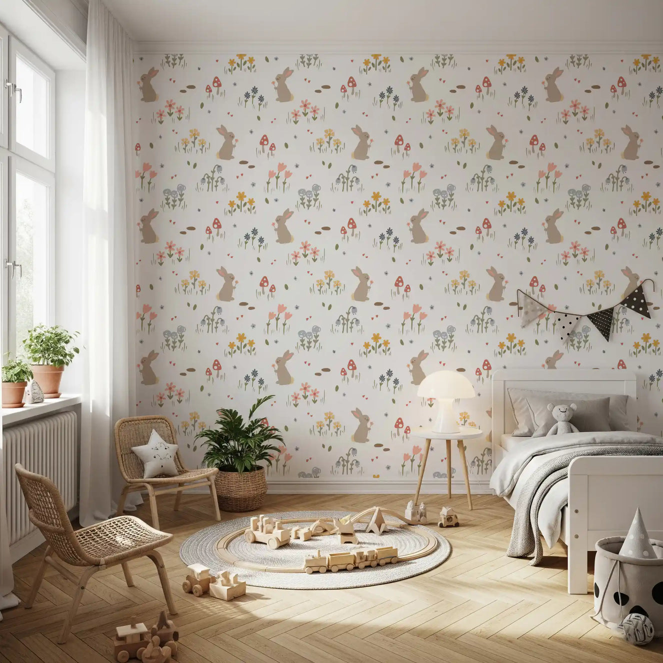 Child's room wallpaper featuring hand-illustrated rabbits and meadow plants