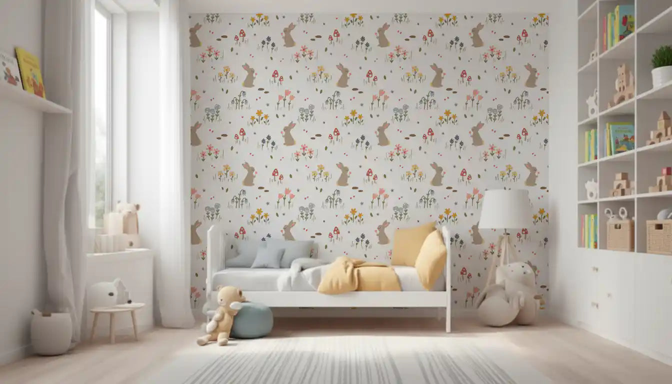 Yellow daisies, blush tulips and dusty blue bellflowers across a whimsical bunny wallpaper., GD10071
