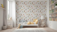 Yellow daisies, blush tulips and dusty blue bellflowers across a whimsical bunny wallpaper., GD10071