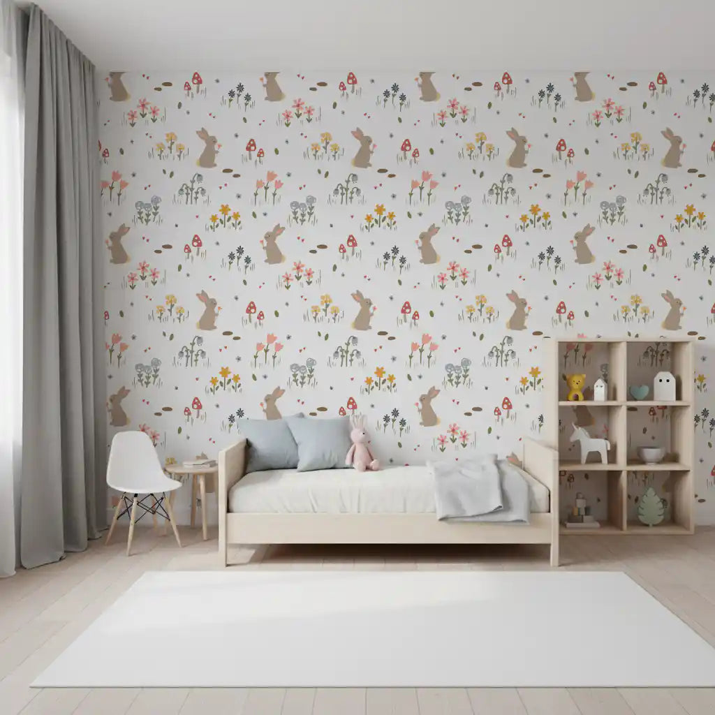Kids room wallpaper showing rabbits, mushrooms and meadow blooms on a white base., GD10071