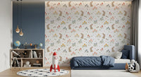Bedroom wallpaper showing repeating bunnies, tulips and red mushroom motifs, GD10071