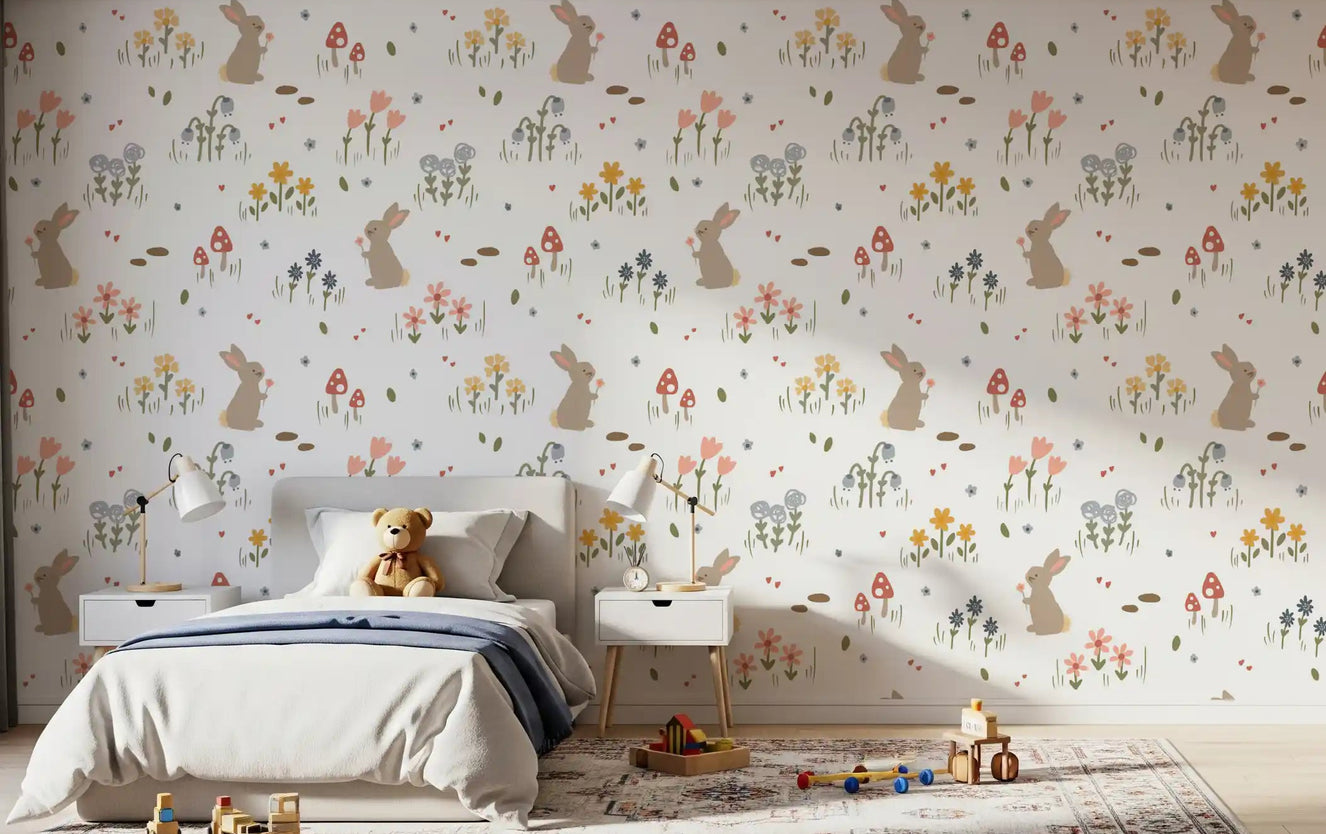 Kids bedroom wallpaper with whimsical bunny motifs and scattered pastel flowers.
