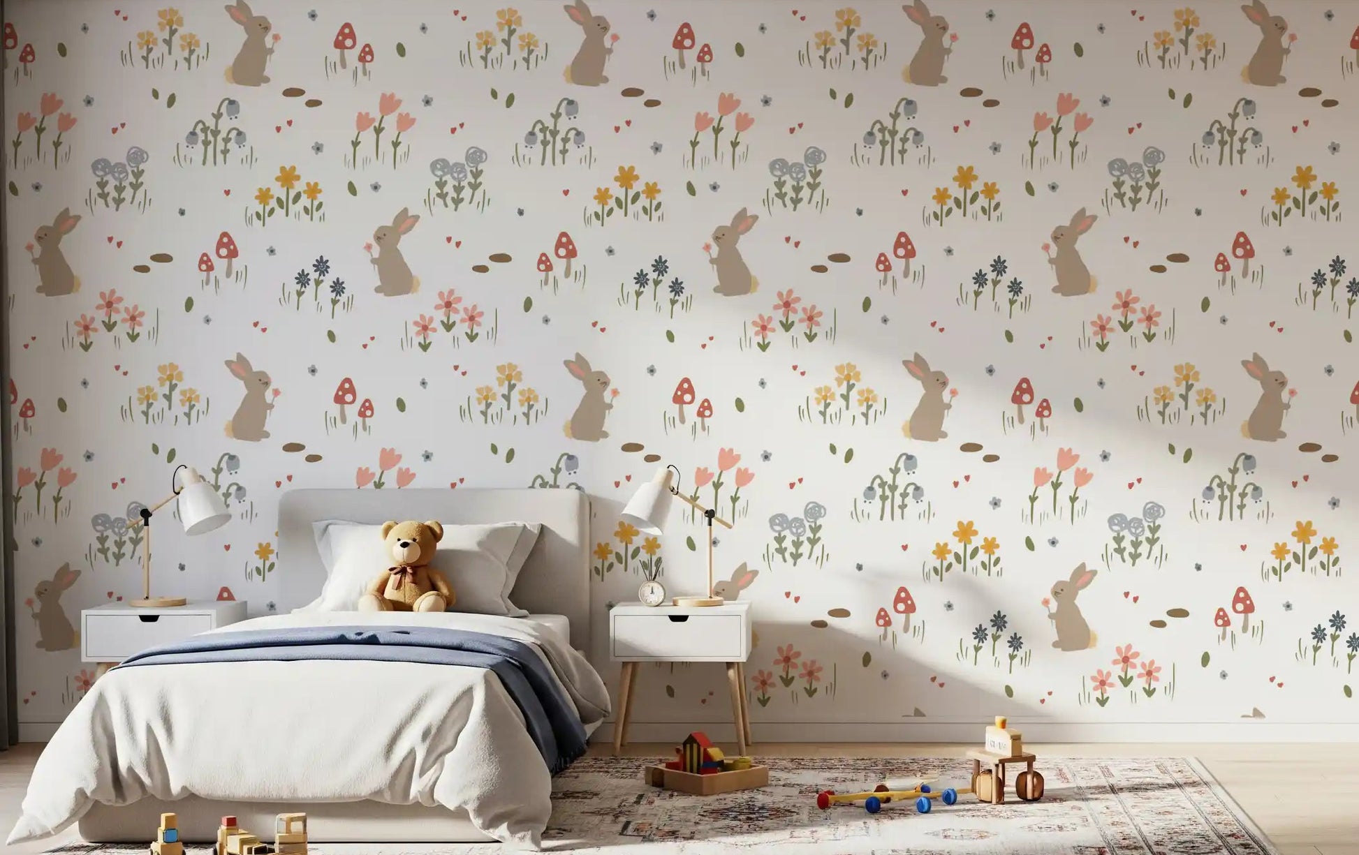 Kids bedroom wallpaper with whimsical bunny motifs and scattered pastel flowers., GD10071