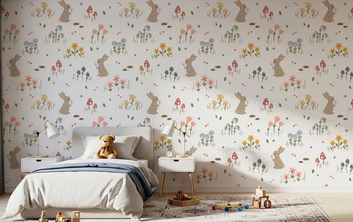 Kids bedroom wallpaper with whimsical bunny motifs and scattered pastel flowers., GD10071